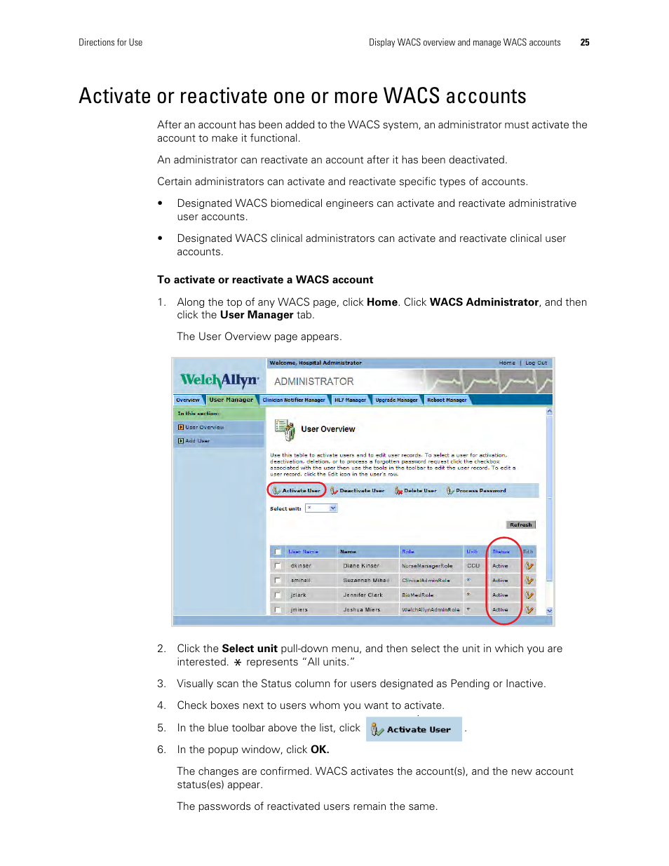 Activate or reactivate one or more wacs accounts | Welch Allyn Connectivity Server - User Manual User Manual | Page 29 / 96