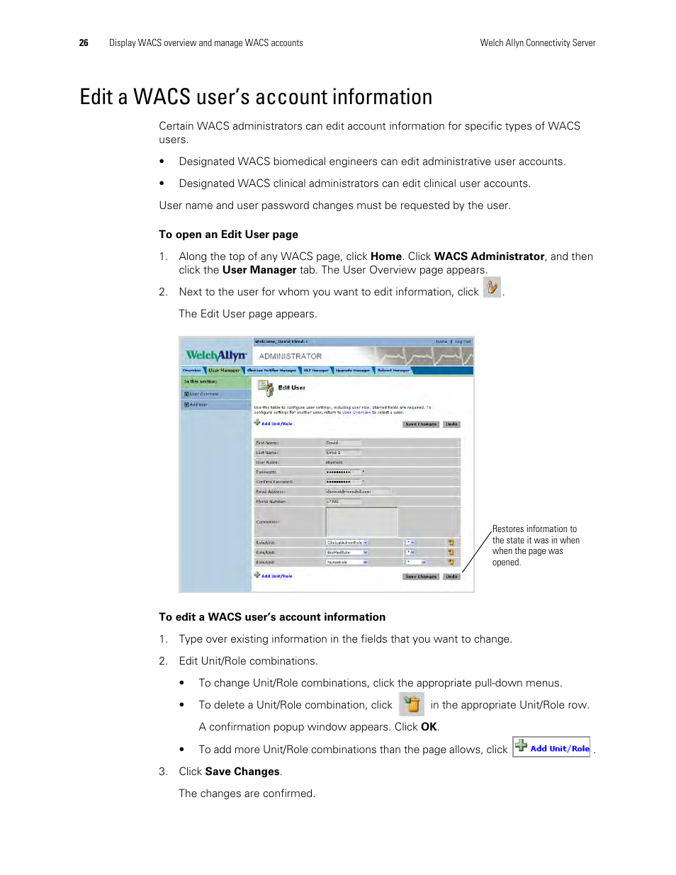 Edit a wacs user’s account information | Welch Allyn Connectivity Server - User Manual User Manual | Page 30 / 96