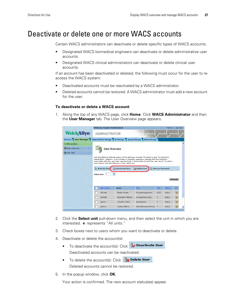 Deactivate or delete one or more wacs accounts | Welch Allyn Connectivity Server - User Manual User Manual | Page 31 / 96