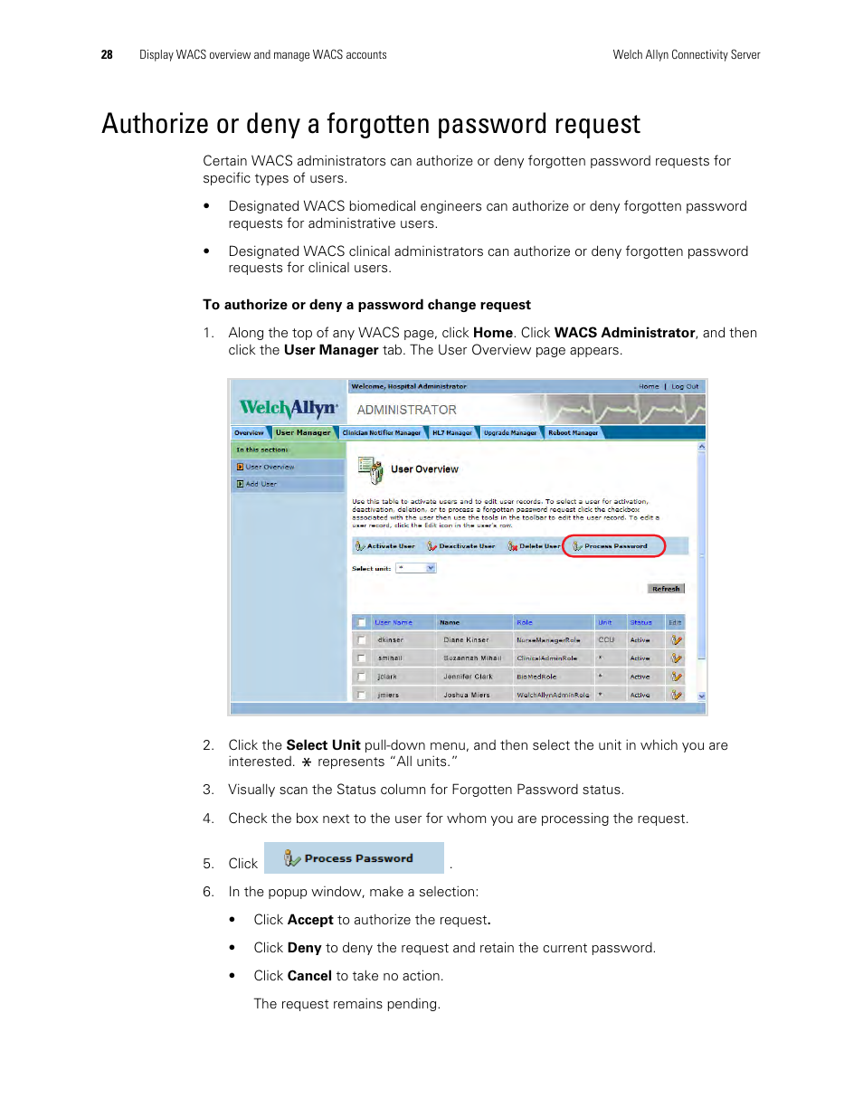 Authorize or deny a forgotten password request | Welch Allyn Connectivity Server - User Manual User Manual | Page 32 / 96
