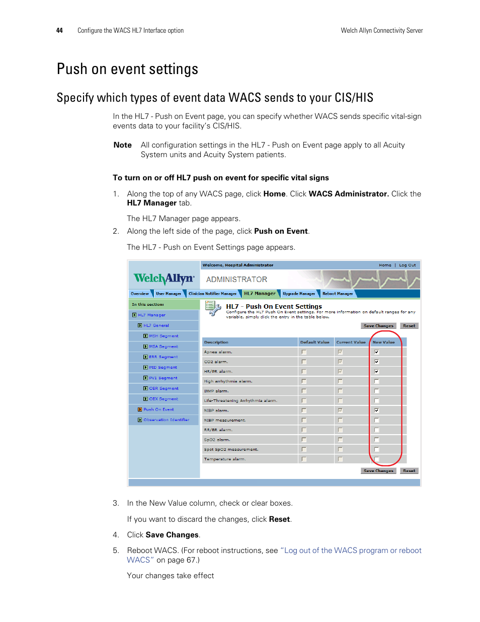 Push on event settings | Welch Allyn Connectivity Server - User Manual User Manual | Page 48 / 96
