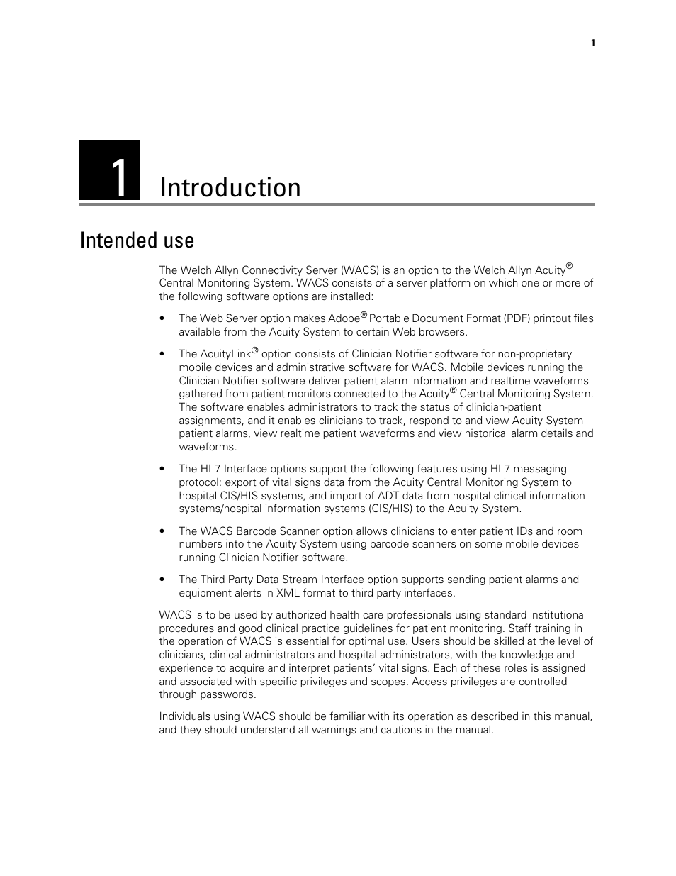 Introduction, Intended use, 1 - introduction | Welch Allyn Connectivity Server - User Manual User Manual | Page 5 / 96