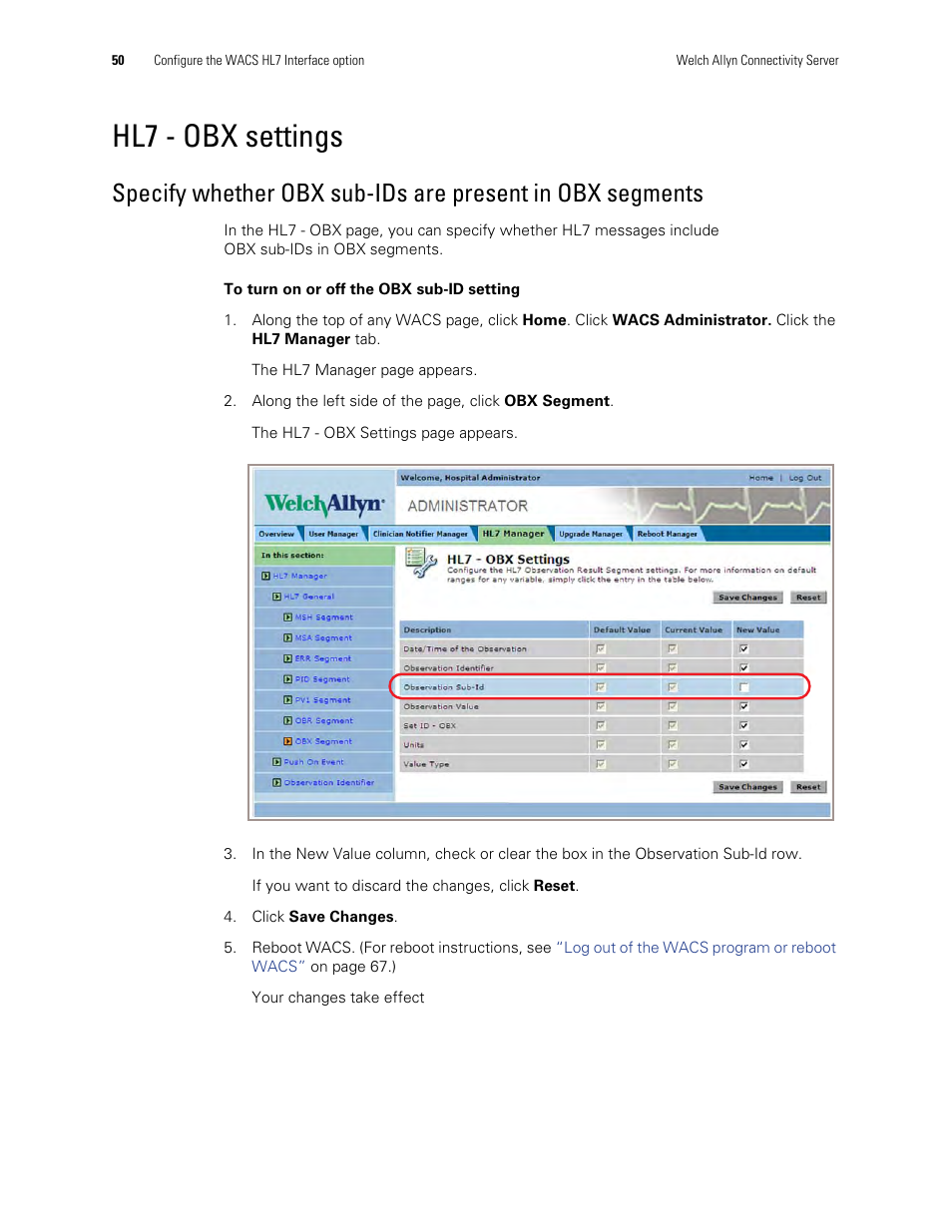 Hl7 - obx settings | Welch Allyn Connectivity Server - User Manual User Manual | Page 54 / 96