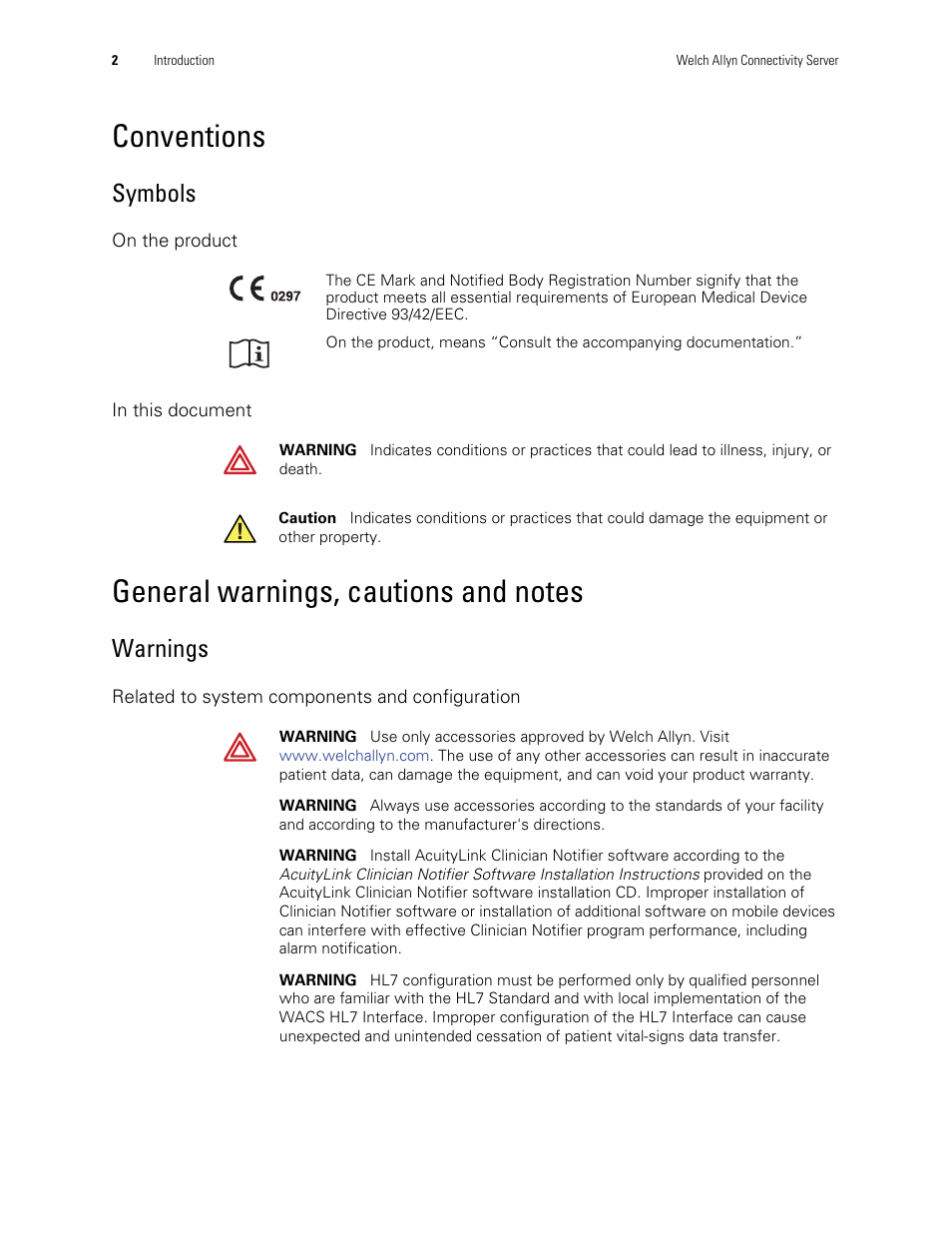 Conventions, General warnings, cautions and notes, Conventions general warnings, cautions and notes | Symbols, Warnings | Welch Allyn Connectivity Server - User Manual User Manual | Page 6 / 96