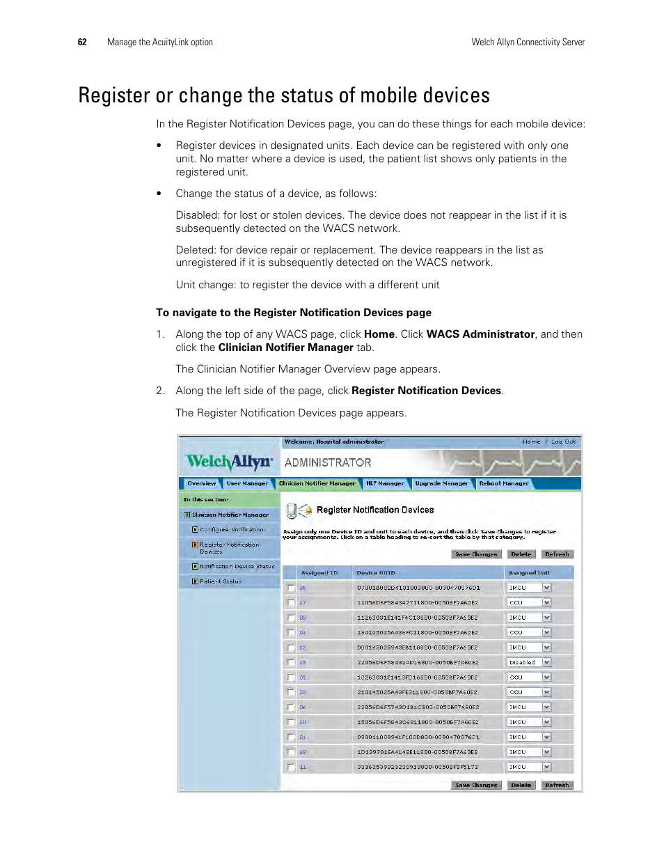 Register or change the status of mobile devices | Welch Allyn Connectivity Server - User Manual User Manual | Page 66 / 96