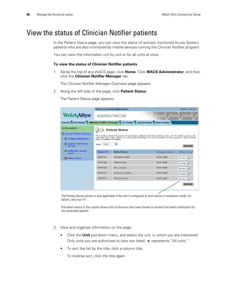 View the status of clinician notifier patients | Welch Allyn Connectivity Server - User Manual User Manual | Page 70 / 96