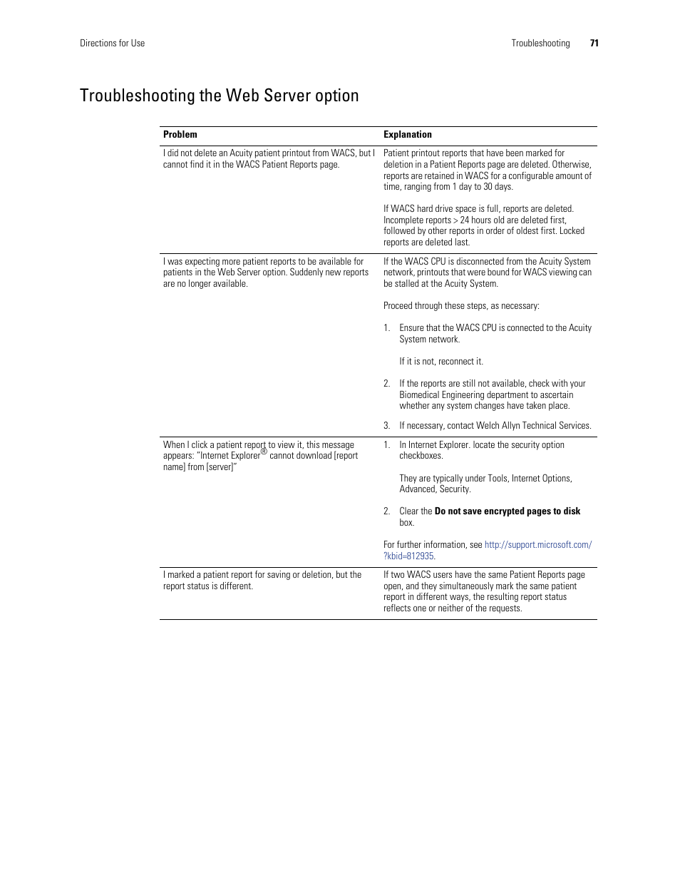 Troubleshooting the web server option | Welch Allyn Connectivity Server - User Manual User Manual | Page 75 / 96