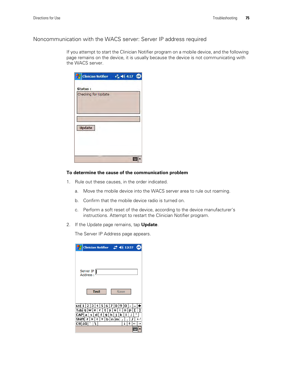 Noncommunication with the wacs, Server: server ip address required | Welch Allyn Connectivity Server - User Manual User Manual | Page 79 / 96