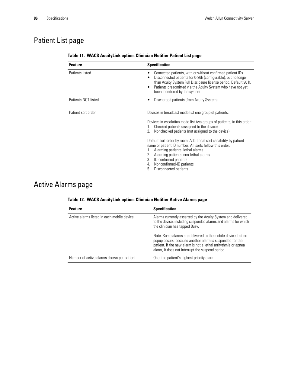 Patient list page active alarms page | Welch Allyn Connectivity Server - User Manual User Manual | Page 90 / 96