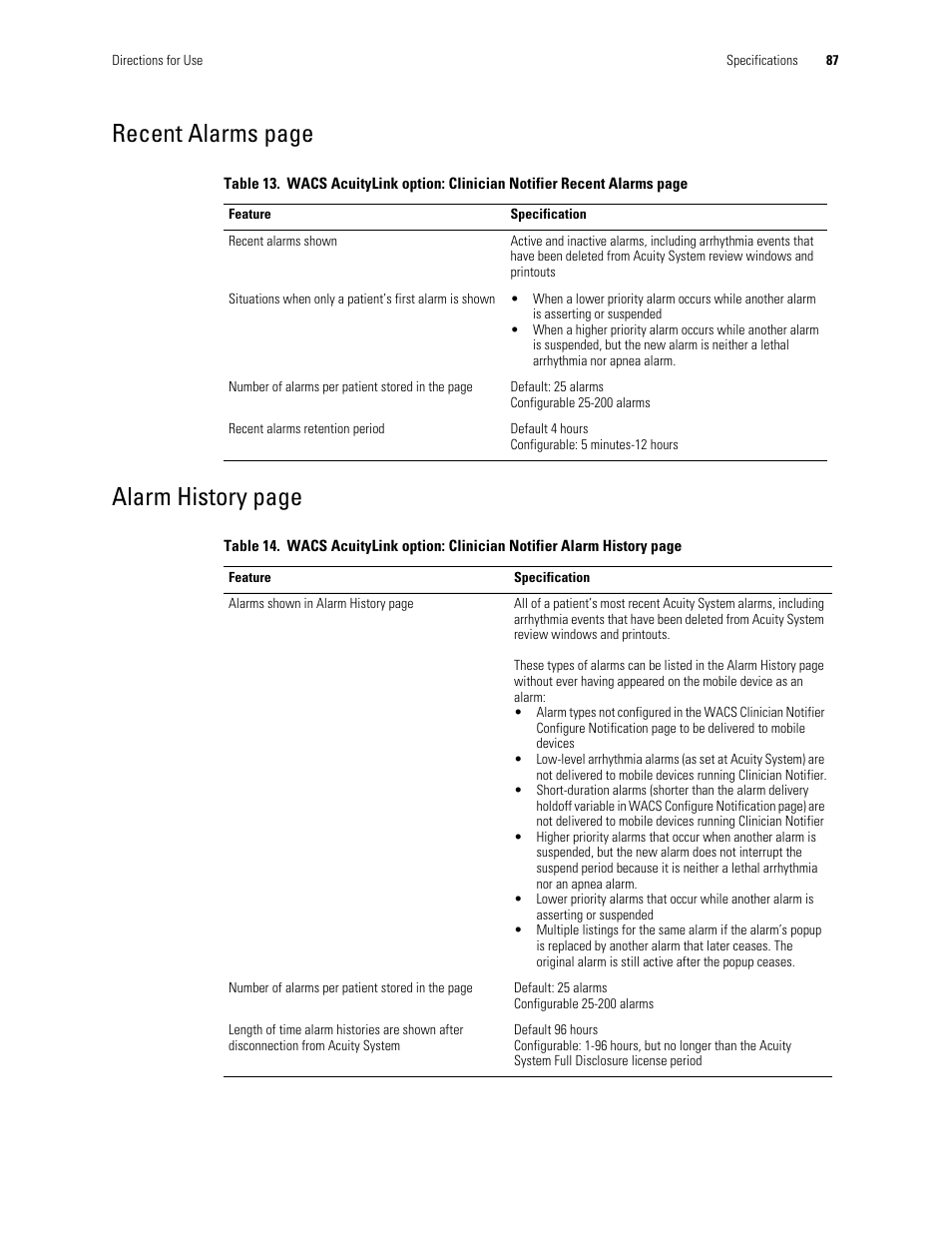 Recent alarms page alarm history page | Welch Allyn Connectivity Server - User Manual User Manual | Page 91 / 96