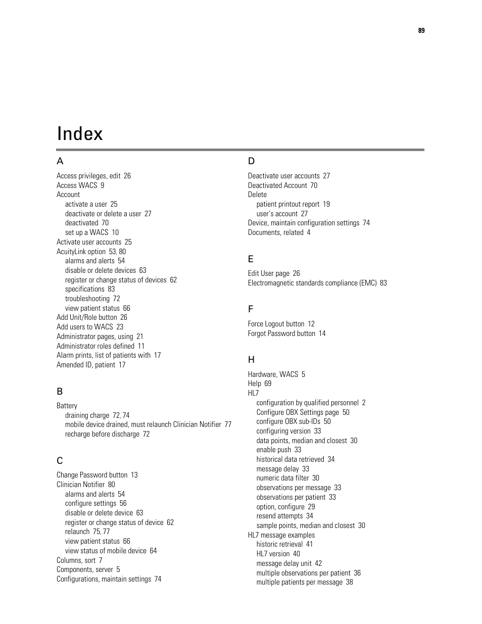 Index | Welch Allyn Connectivity Server - User Manual User Manual | Page 93 / 96