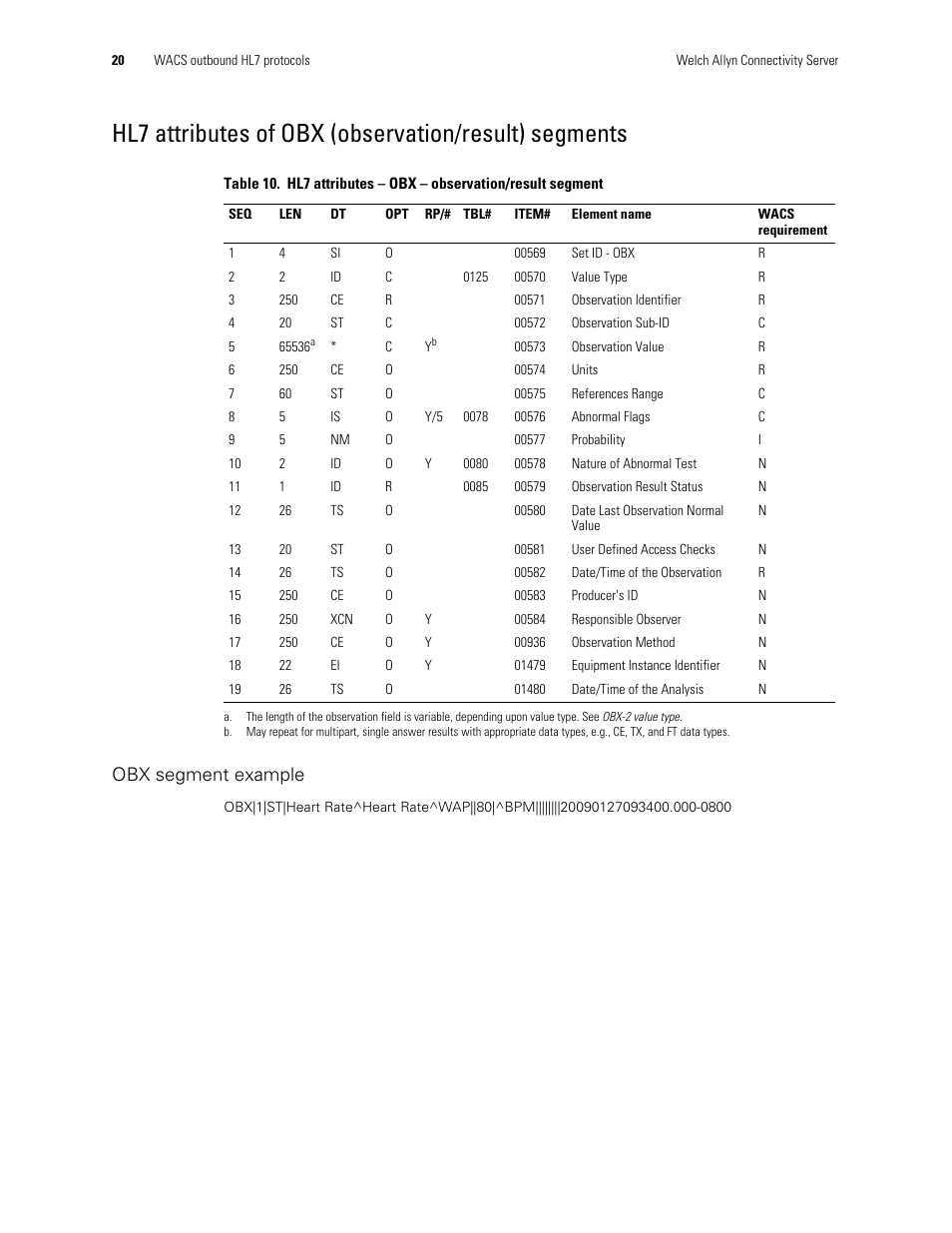 Obx segment example | Welch Allyn Connectivity Server - Programmers guide User Manual | Page 24 / 64