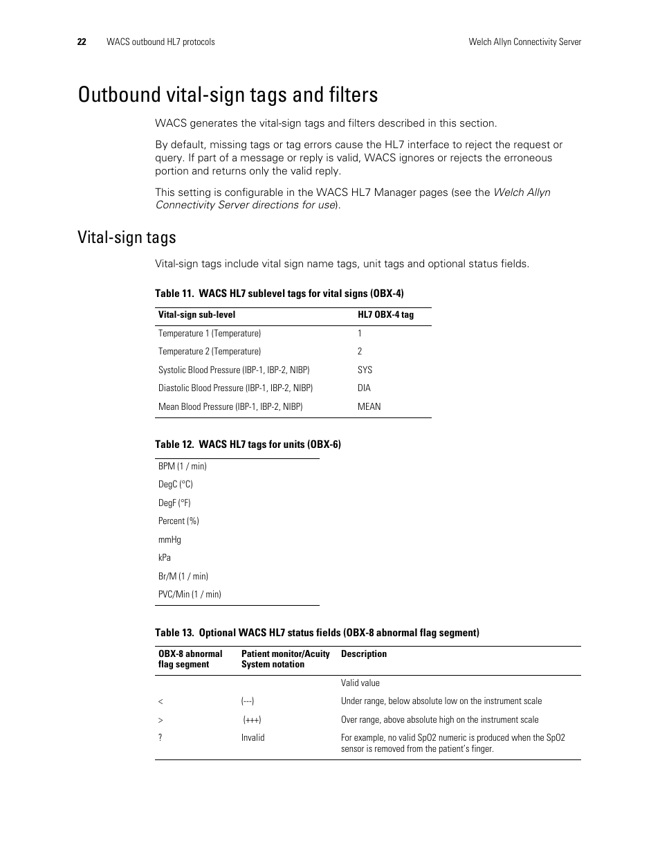 Outbound vital-sign tags and filters, Vital-sign tags | Welch Allyn Connectivity Server - Programmers guide User Manual | Page 26 / 64