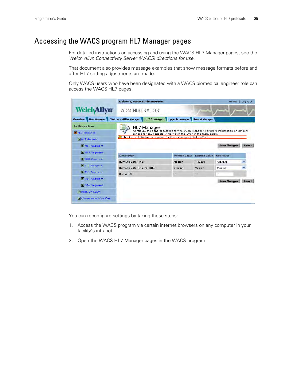 Accessing the wacs program hl7 manager pages | Welch Allyn Connectivity Server - Programmers guide User Manual | Page 29 / 64