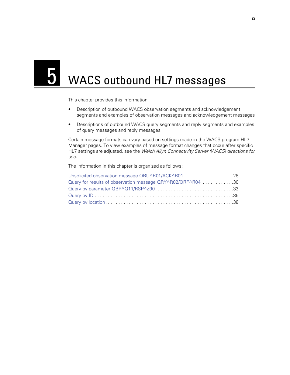 Wacs outbound hl7 messages, 5 - wacs outbound hl7 messages | Welch Allyn Connectivity Server - Programmers guide User Manual | Page 31 / 64