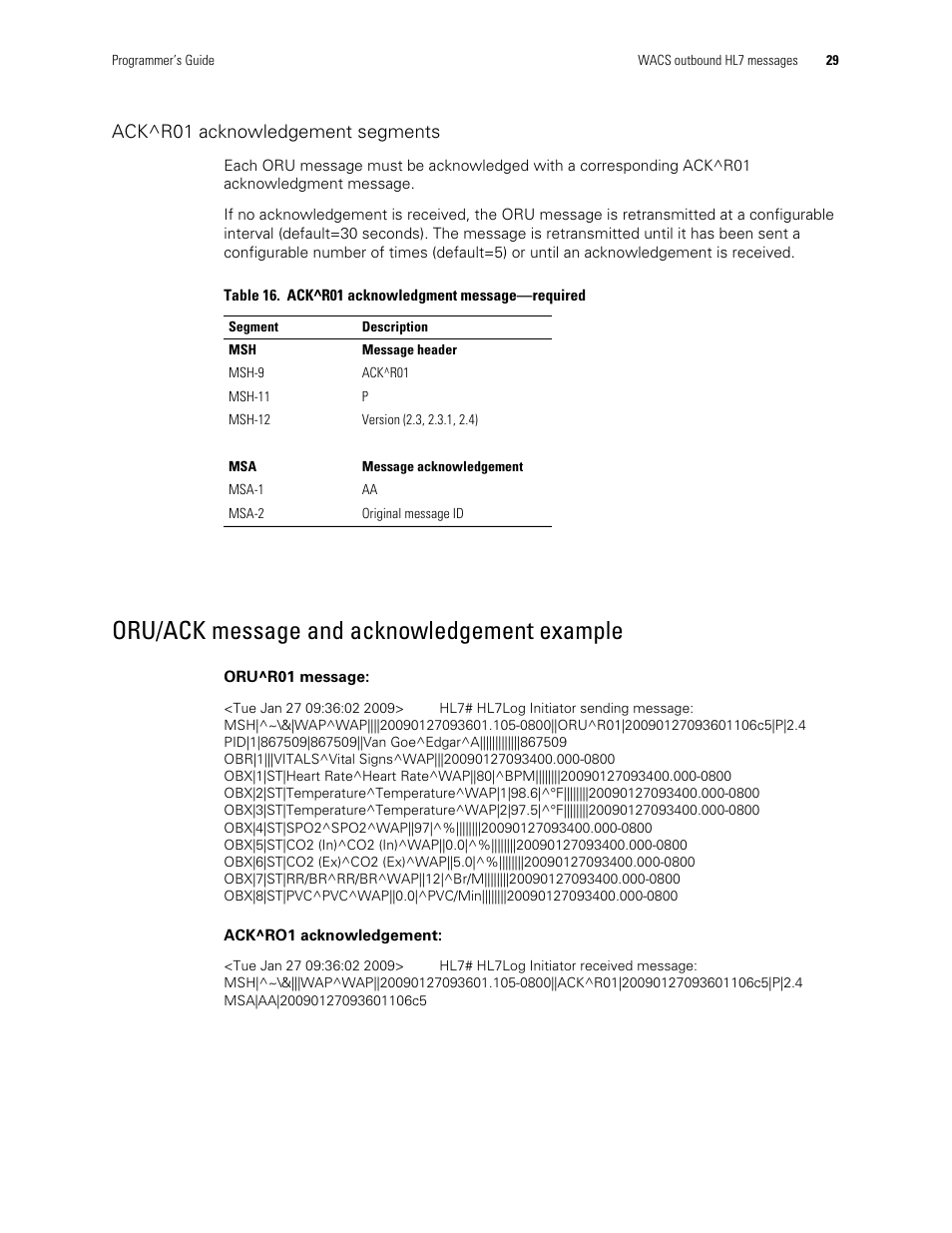 Oru/ack message and acknowledgement example | Welch Allyn Connectivity Server - Programmers guide User Manual | Page 33 / 64