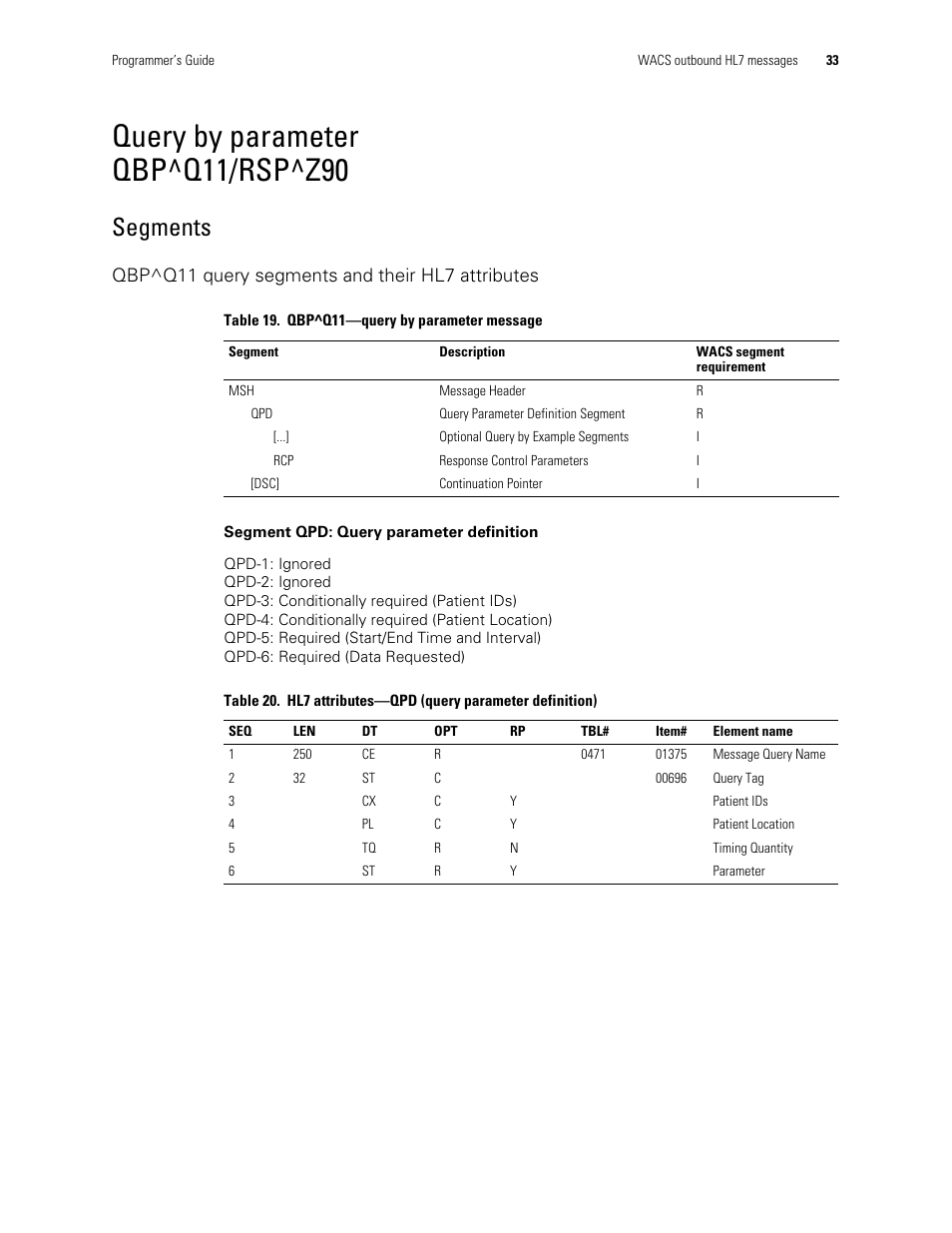 Query by parameter qbp^q11/rsp^z90, Segments, Qbp^q11 query segments and their hl7 attributes | Welch Allyn Connectivity Server - Programmers guide User Manual | Page 37 / 64