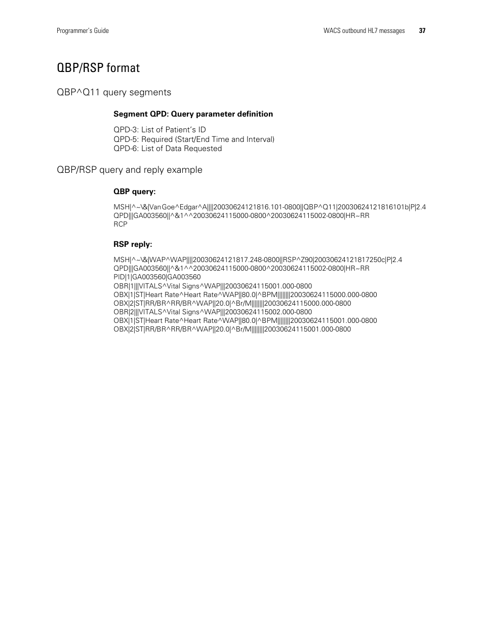 Qbp/rsp format | Welch Allyn Connectivity Server - Programmers guide User Manual | Page 41 / 64