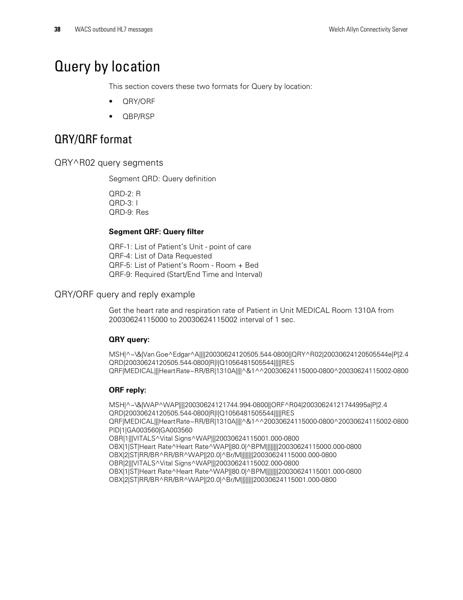 Query by location, Qry/qrf format | Welch Allyn Connectivity Server - Programmers guide User Manual | Page 42 / 64