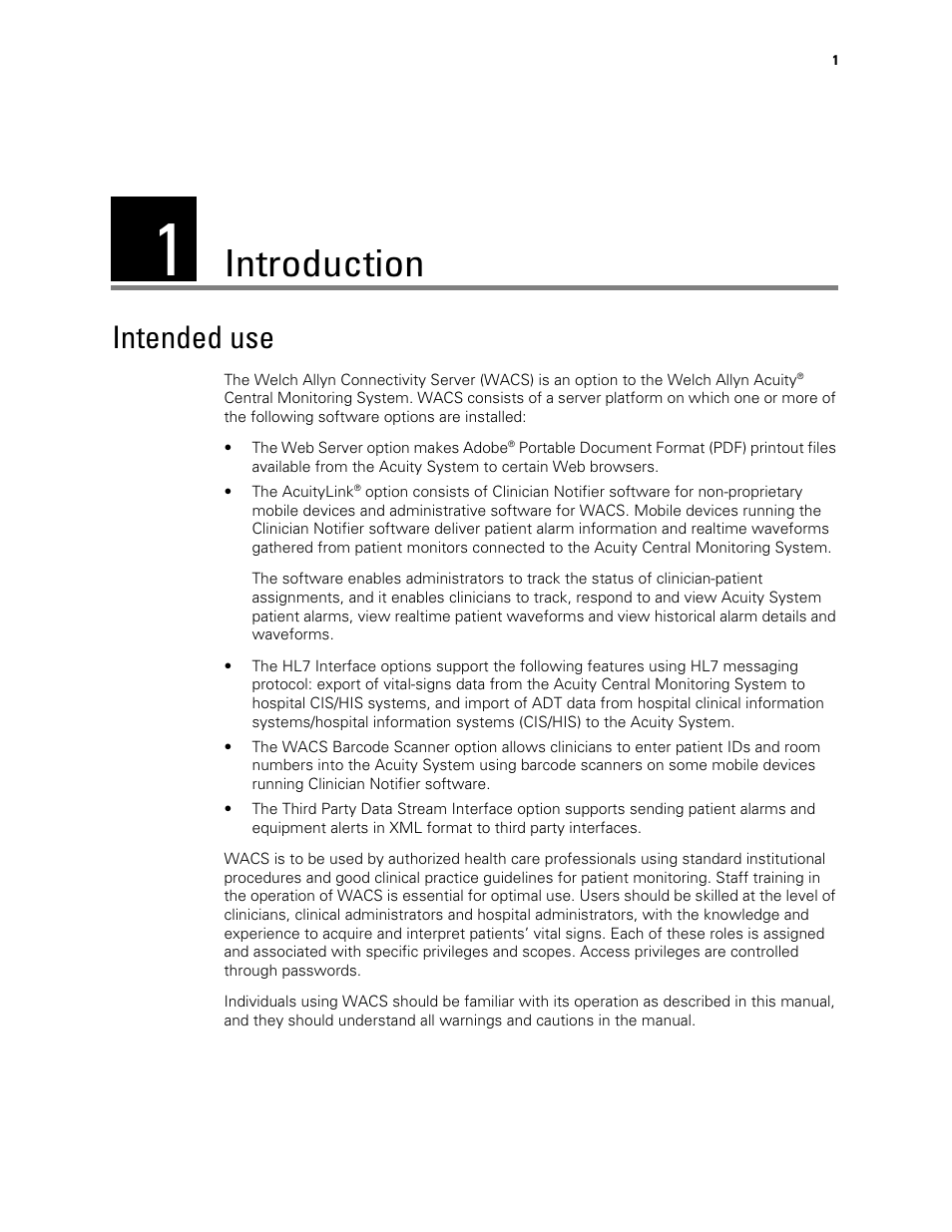 Introduction, Intended use, 1 - introduction | Welch Allyn Connectivity Server - Programmers guide User Manual | Page 5 / 64