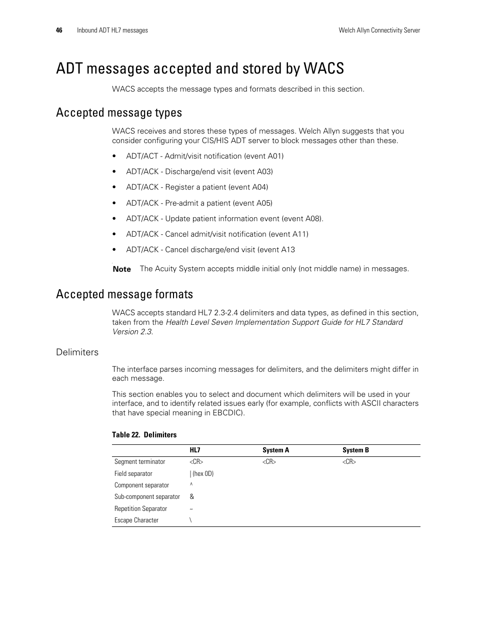 Adt messages accepted and stored by wacs, Accepted message types, Accepted message formats | Welch Allyn Connectivity Server - Programmers guide User Manual | Page 50 / 64
