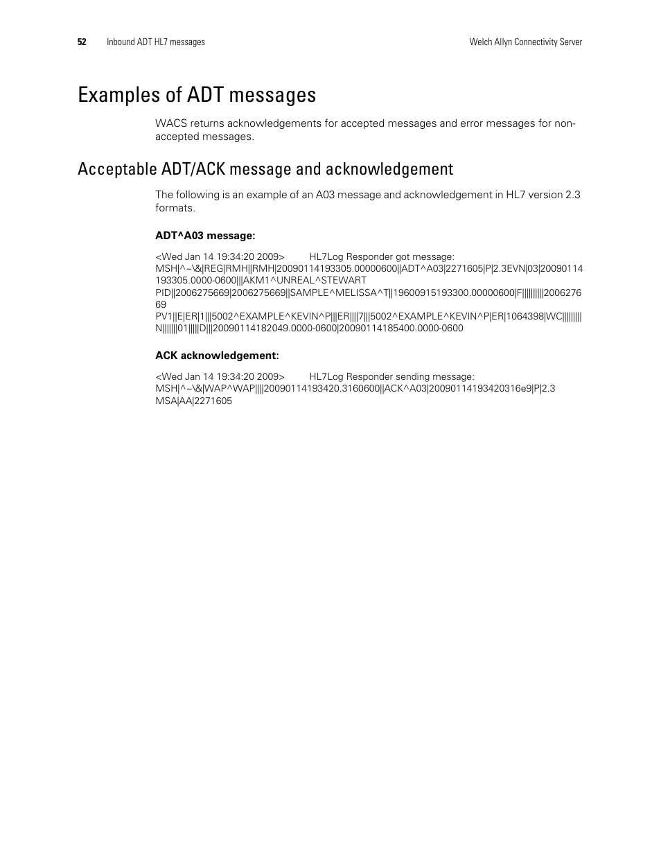 Examples of adt messages, Acceptable adt/ack message and acknowledgement | Welch Allyn Connectivity Server - Programmers guide User Manual | Page 56 / 64