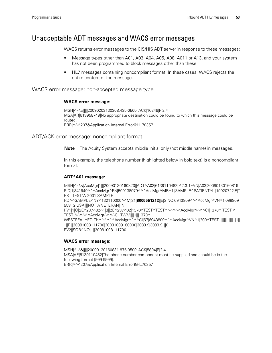 Unacceptable adt messages and wacs error messages | Welch Allyn Connectivity Server - Programmers guide User Manual | Page 57 / 64
