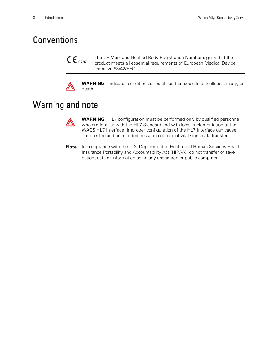 Conventions, Warning and note, Conventions warning and note | Welch Allyn Connectivity Server - Programmers guide User Manual | Page 6 / 64