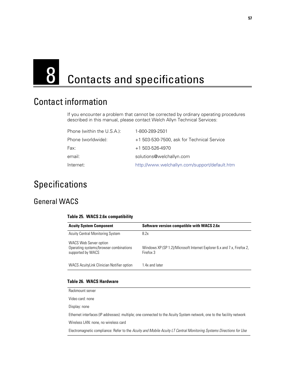 Contacts and specifications, Contact information, Specifications | General wacs | Welch Allyn Connectivity Server - Programmers guide User Manual | Page 61 / 64