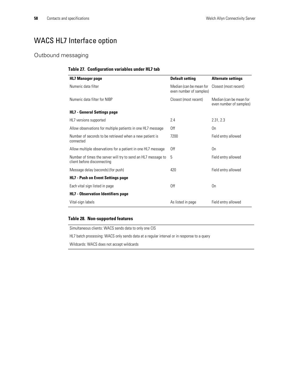 Wacs hl7 interface option, Outbound messaging | Welch Allyn Connectivity Server - Programmers guide User Manual | Page 62 / 64
