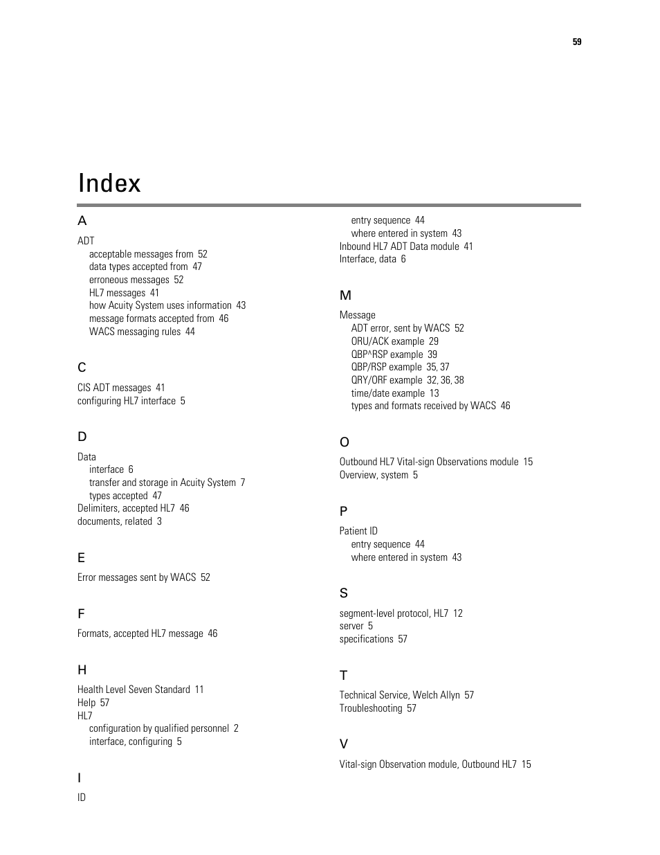 Index | Welch Allyn Connectivity Server - Programmers guide User Manual | Page 63 / 64