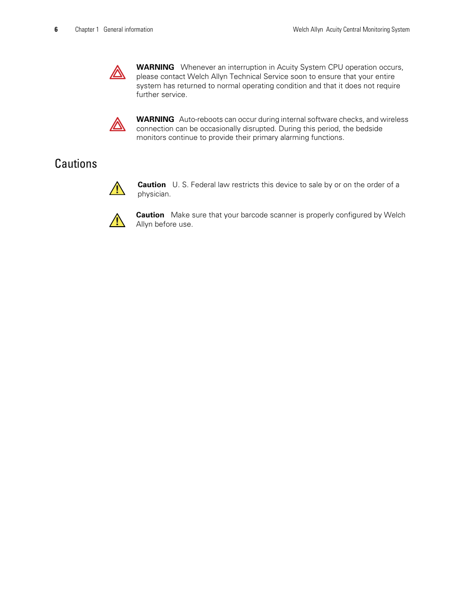 Cautions | Welch Allyn Acuity and Mobile Acuity LT Central Monitoring Systems - User Manual User Manual | Page 10 / 214