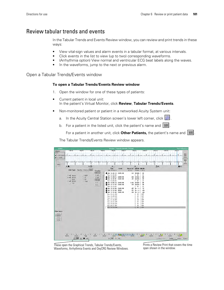 Review tabular trends and events | Welch Allyn Acuity and Mobile Acuity LT Central Monitoring Systems - User Manual User Manual | Page 105 / 214