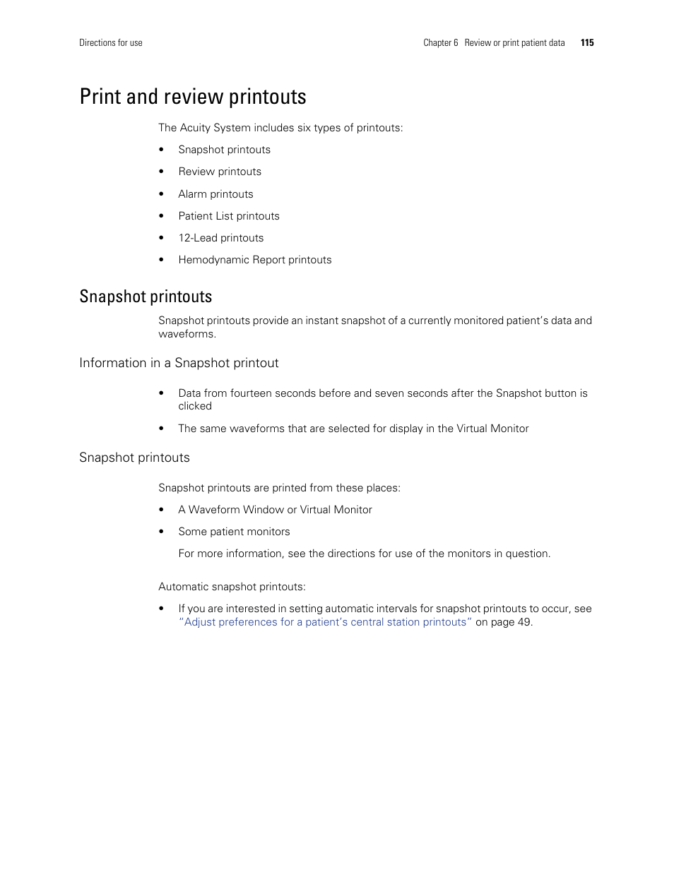 Print and review printouts, Snapshot printouts | Welch Allyn Acuity and Mobile Acuity LT Central Monitoring Systems - User Manual User Manual | Page 119 / 214