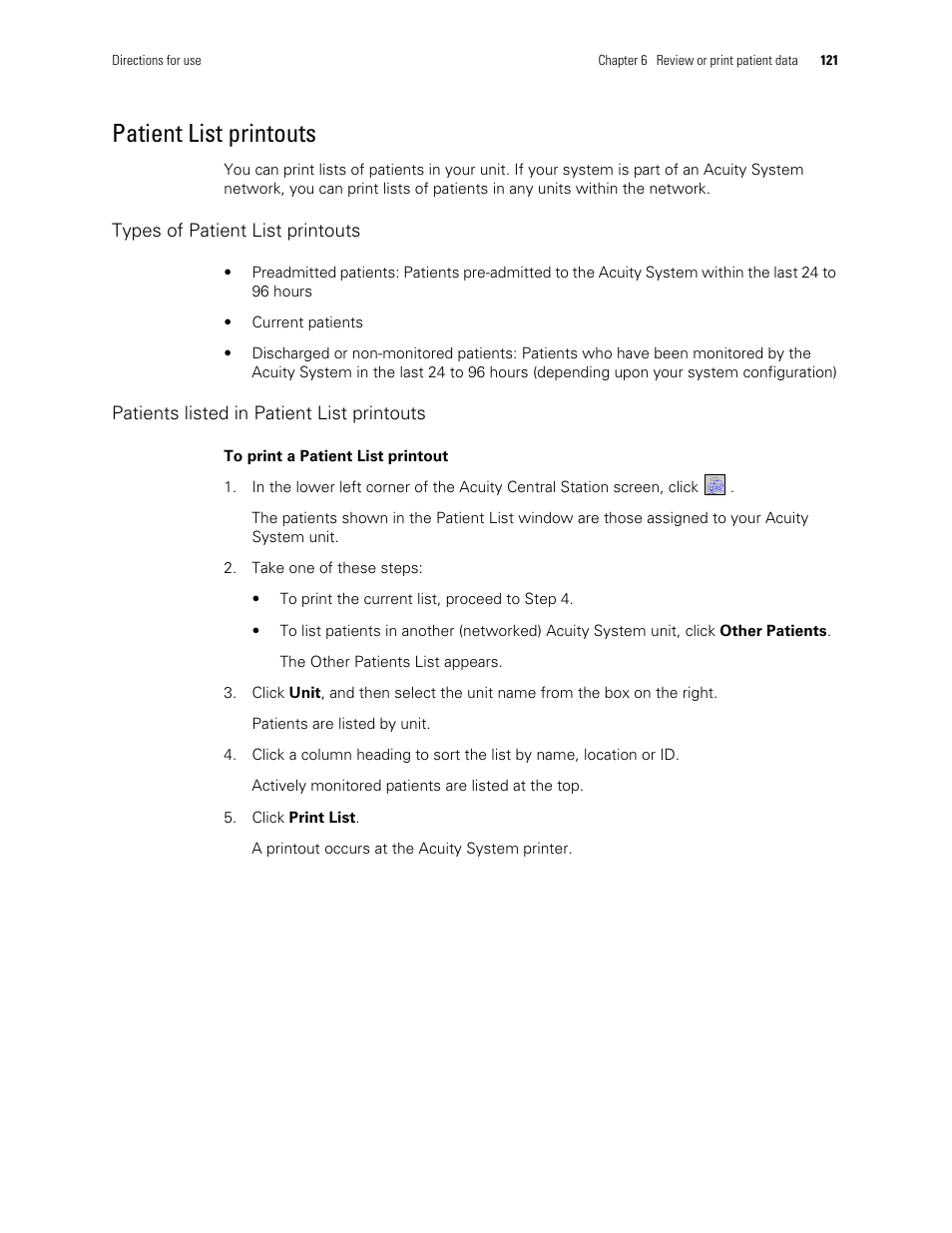 Patient list printouts | Welch Allyn Acuity and Mobile Acuity LT Central Monitoring Systems - User Manual User Manual | Page 125 / 214