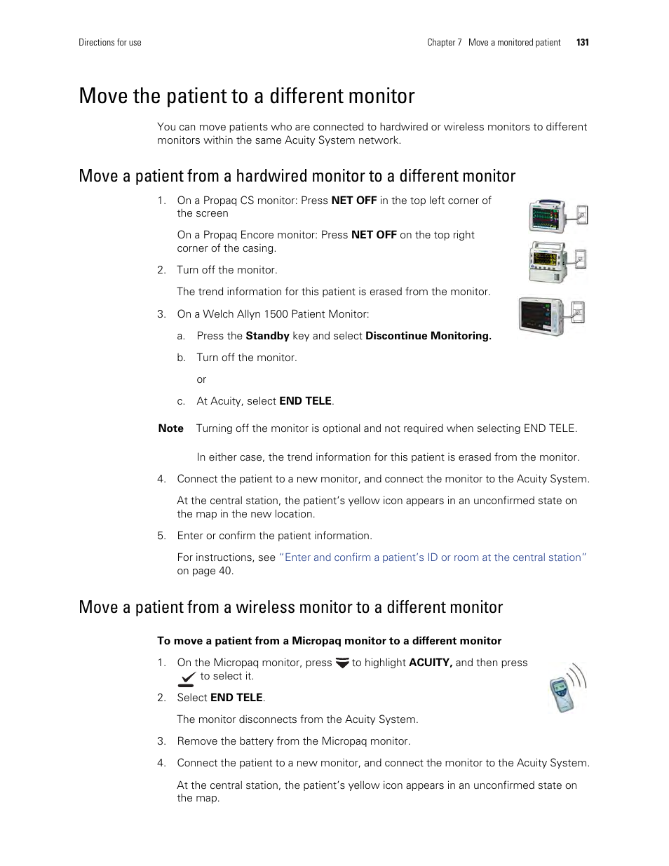 Move the patient to a different monitor | Welch Allyn Acuity and Mobile Acuity LT Central Monitoring Systems - User Manual User Manual | Page 135 / 214