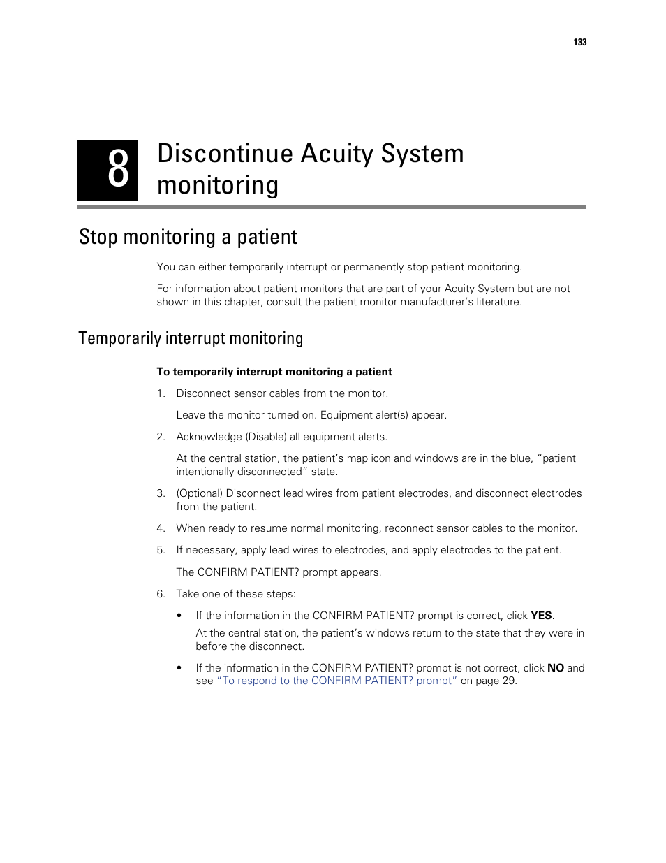 Discontinue acuity system monitoring, Stop monitoring a patient, 8 - discontinue acuity system monitoring | Temporarily interrupt monitoring | Welch Allyn Acuity and Mobile Acuity LT Central Monitoring Systems - User Manual User Manual | Page 137 / 214