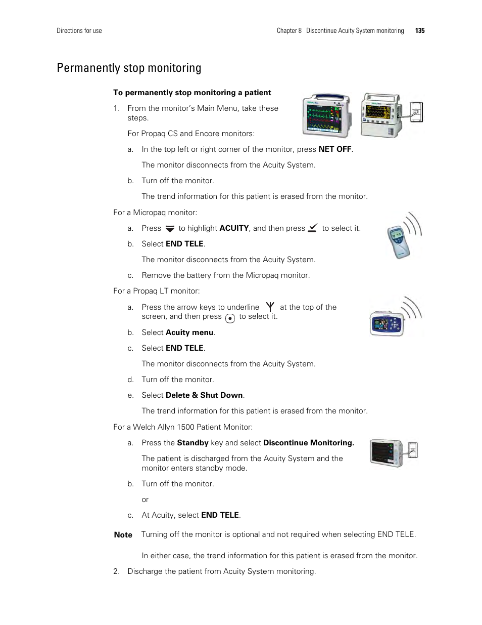 Permanently stop monitoring | Welch Allyn Acuity and Mobile Acuity LT Central Monitoring Systems - User Manual User Manual | Page 139 / 214