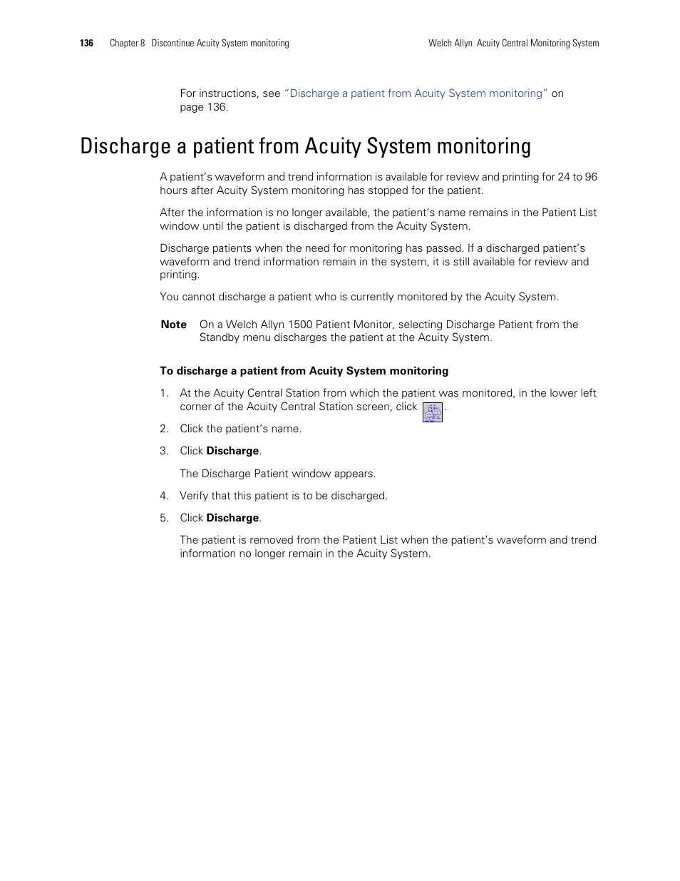 Discharge a patient from acuity system monitoring | Welch Allyn Acuity and Mobile Acuity LT Central Monitoring Systems - User Manual User Manual | Page 140 / 214