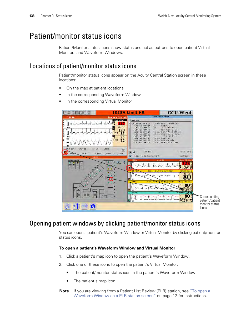 Patient/monitor status icons, Locations of patient/monitor status icons | Welch Allyn Acuity and Mobile Acuity LT Central Monitoring Systems - User Manual User Manual | Page 142 / 214