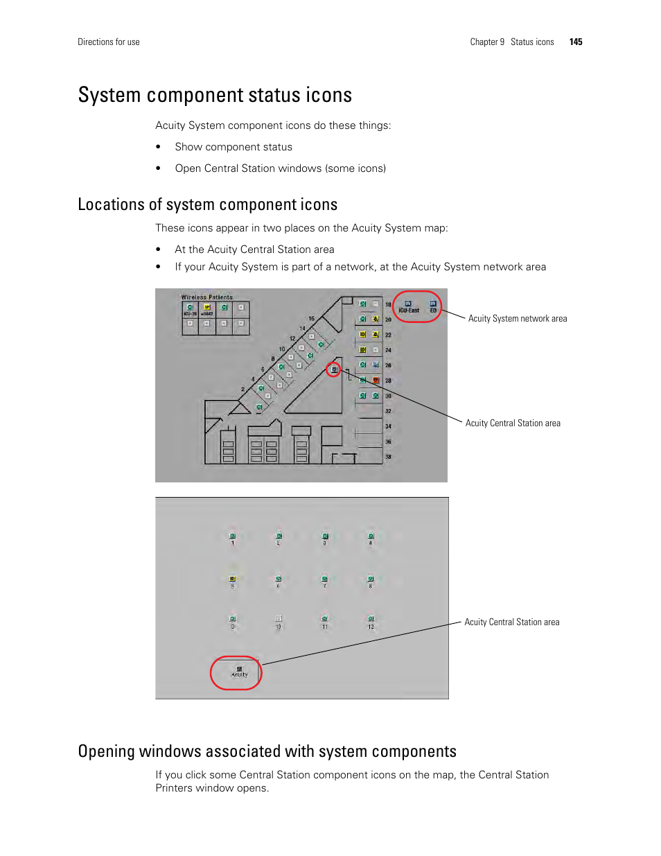 System component status icons, Locations of system component icons, Opening windows associated with system components | Welch Allyn Acuity and Mobile Acuity LT Central Monitoring Systems - User Manual User Manual | Page 149 / 214