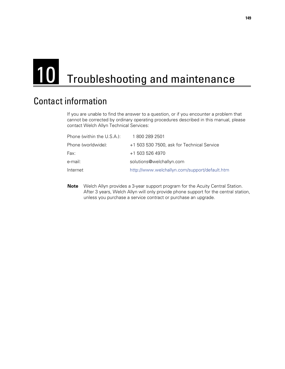 Troubleshooting and maintenance, Contact information, 10 - troubleshooting and maintenance | Welch Allyn Acuity and Mobile Acuity LT Central Monitoring Systems - User Manual User Manual | Page 153 / 214