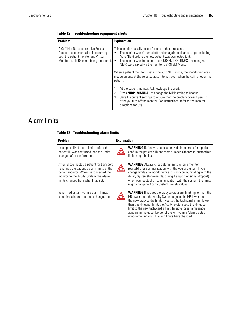 Alarm limits | Welch Allyn Acuity and Mobile Acuity LT Central Monitoring Systems - User Manual User Manual | Page 159 / 214