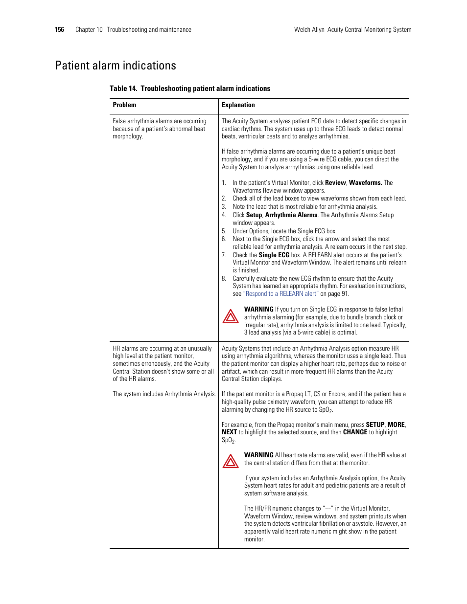 Table 14, Patient alarm indications | Welch Allyn Acuity and Mobile Acuity LT Central Monitoring Systems - User Manual User Manual | Page 160 / 214
