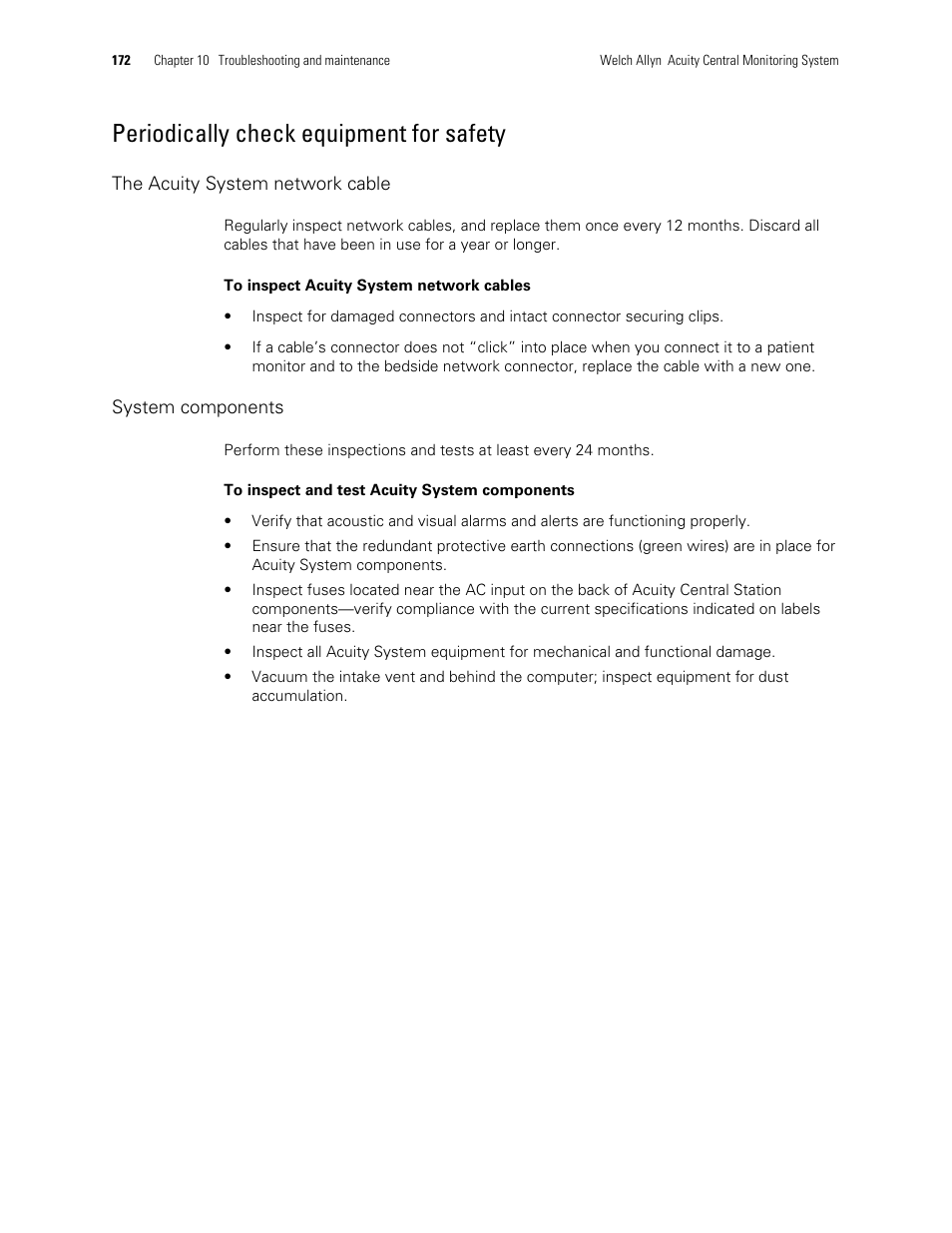Periodically check equipment for safety | Welch Allyn Acuity and Mobile Acuity LT Central Monitoring Systems - User Manual User Manual | Page 176 / 214