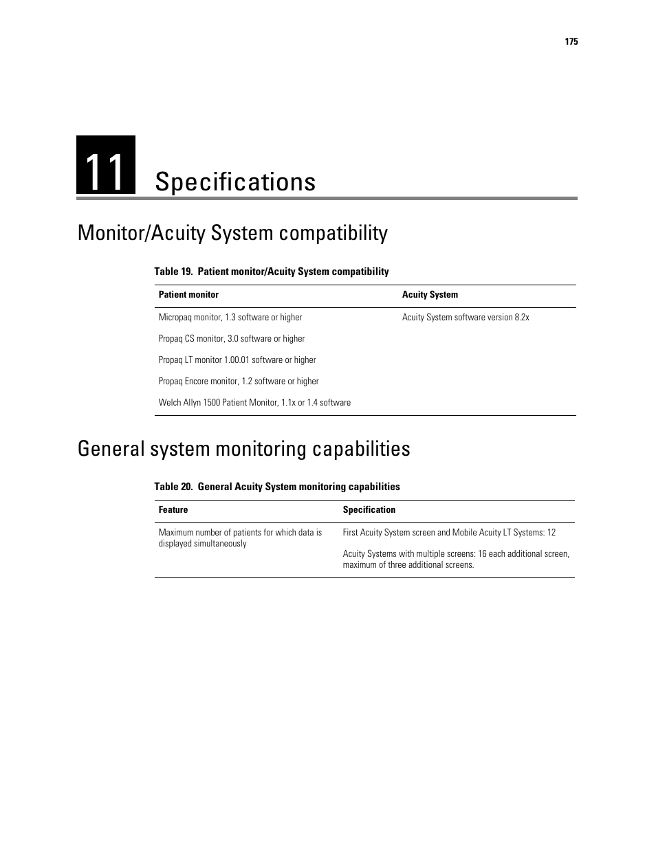 Specifications, Monitor/acuity system compatibility, General system monitoring capabilities | 11 - specifications | Welch Allyn Acuity and Mobile Acuity LT Central Monitoring Systems - User Manual User Manual | Page 179 / 214