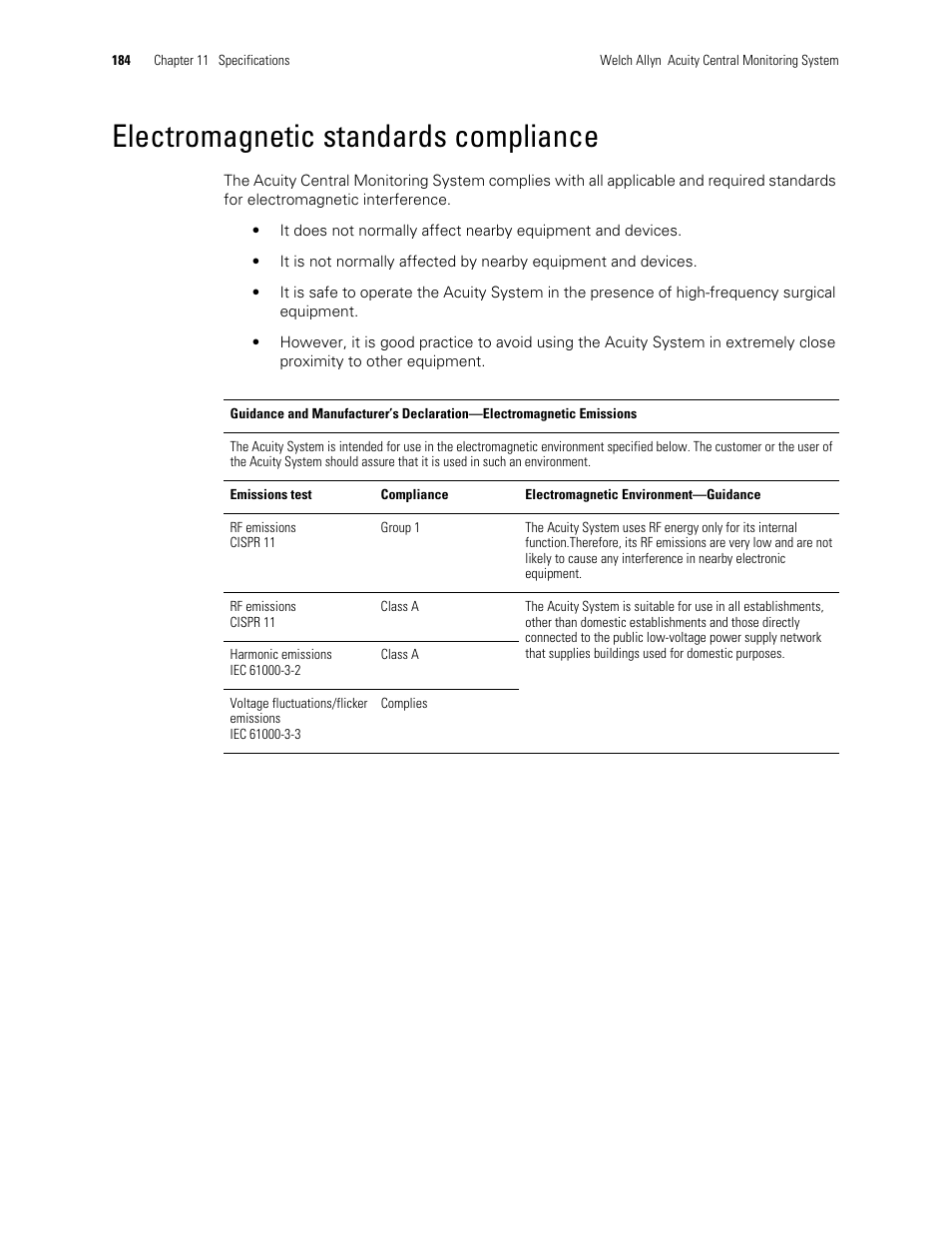 Electromagnetic standards compliance | Welch Allyn Acuity and Mobile Acuity LT Central Monitoring Systems - User Manual User Manual | Page 188 / 214
