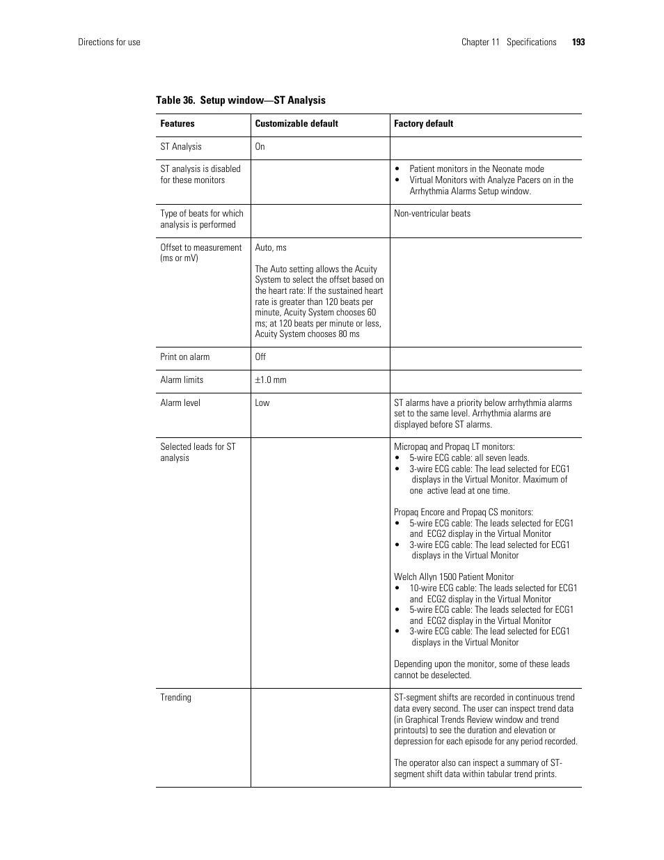 Table 36 | Welch Allyn Acuity and Mobile Acuity LT Central Monitoring Systems - User Manual User Manual | Page 197 / 214