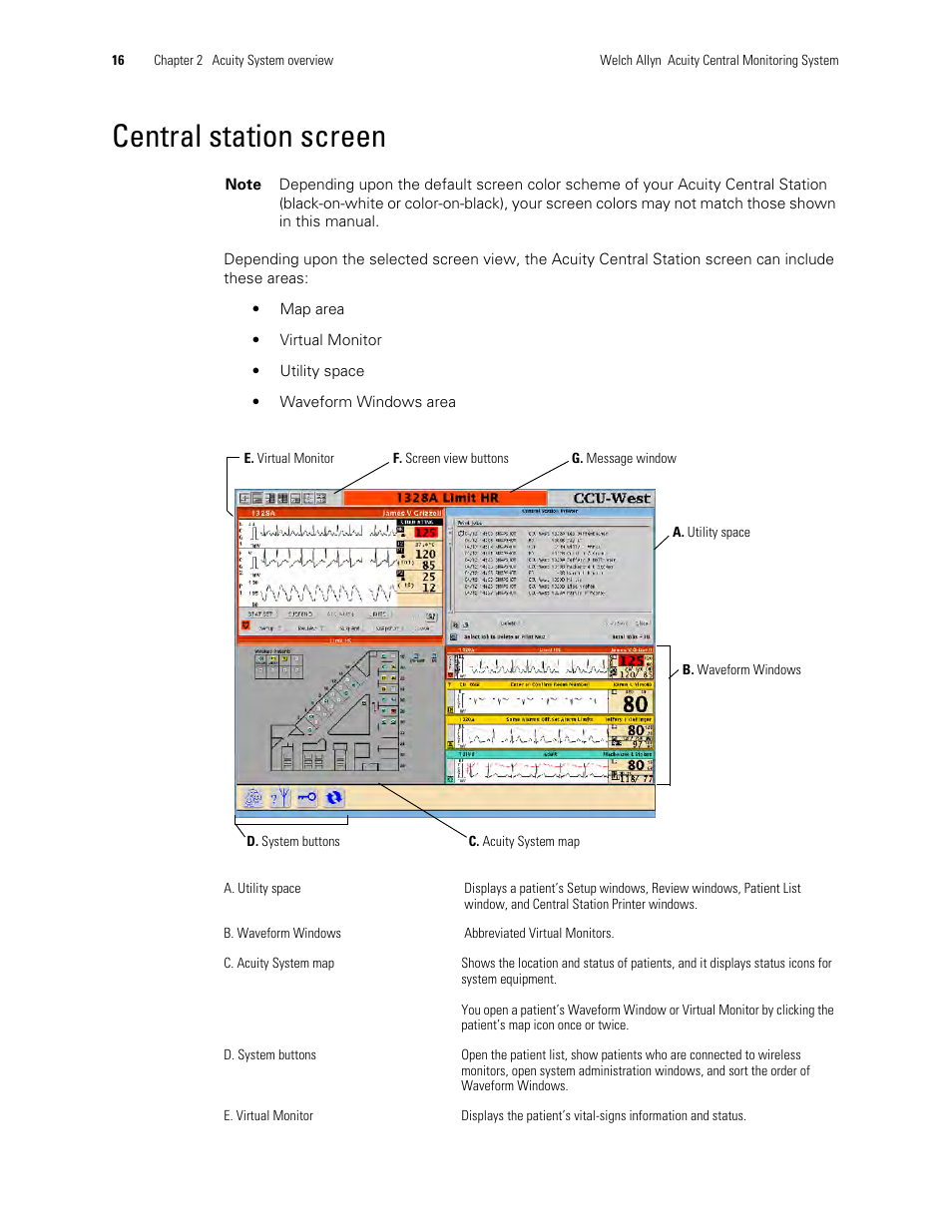 Central station screen | Welch Allyn Acuity and Mobile Acuity LT Central Monitoring Systems - User Manual User Manual | Page 20 / 214