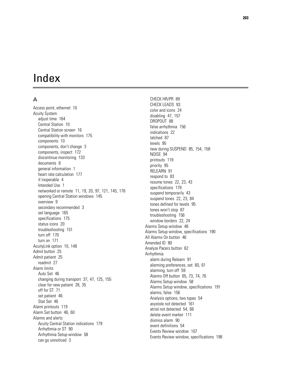 Index | Welch Allyn Acuity and Mobile Acuity LT Central Monitoring Systems - User Manual User Manual | Page 207 / 214